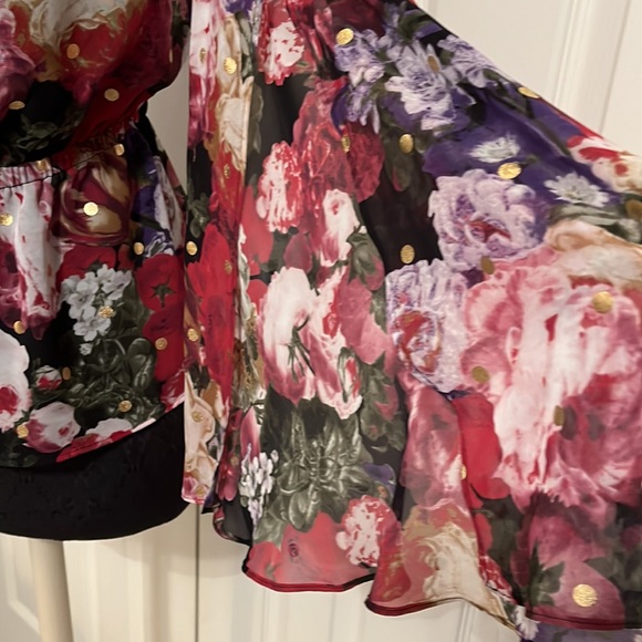 EXPRESS Off-the-Shoulder Floral Top with Gold Metallic Polka Dots-SZ Lg - Picture 15 of 16